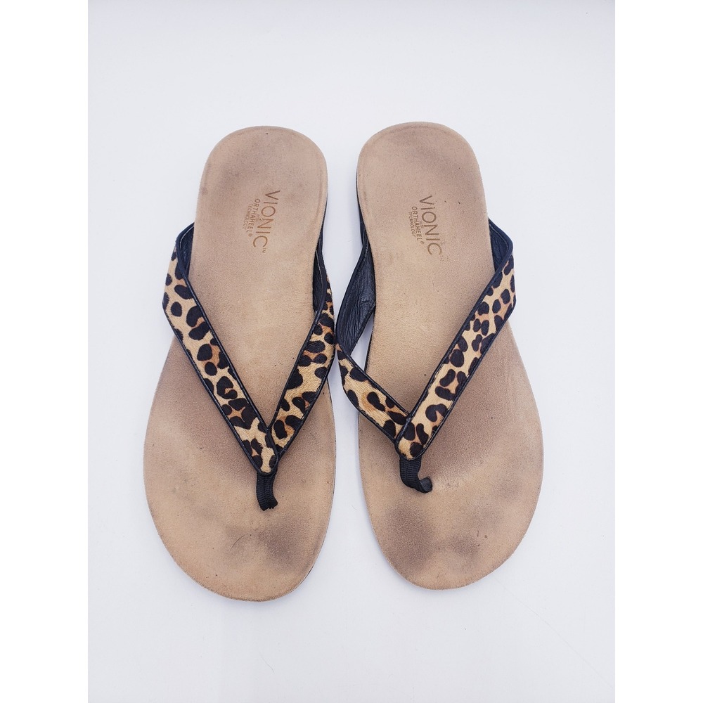 Vionic Selena Flip Flop Sandals Brown Leopard Print Thong Comfort Womens Size 10